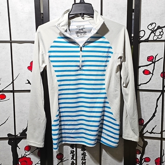 Patagonia Half-Zip Light Gray & Blue Striped Long Sleeve Top Size Small - Picture 1 of 6